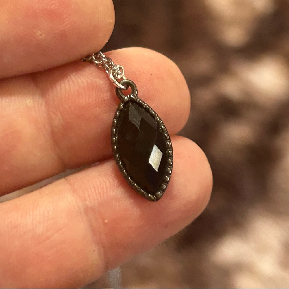 Handcrafted vintage faceted dome jet black glass pendant on chain necklace